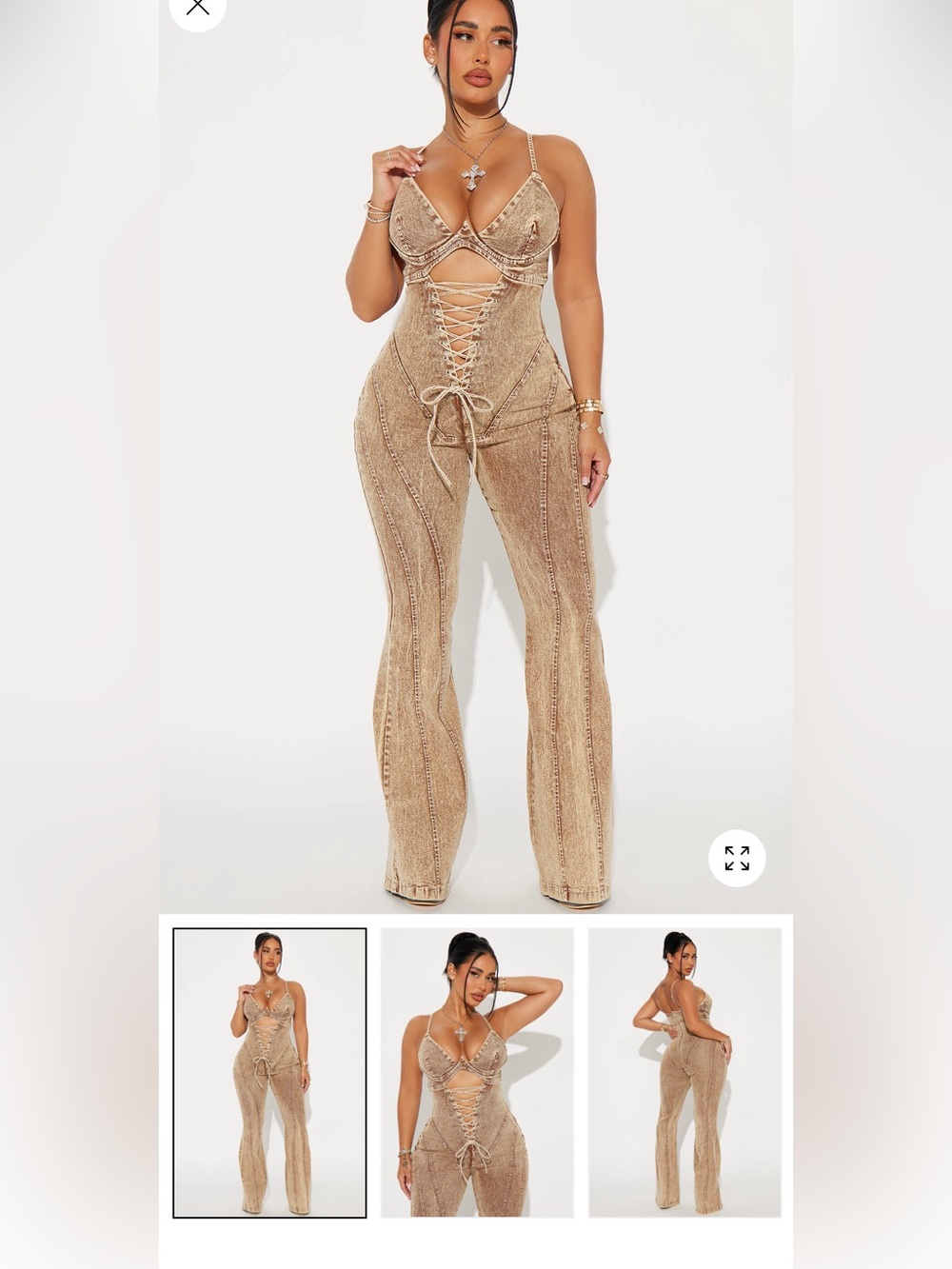 Fashion Nova Tan Lace-Up Denim Jumpsuit - Picture 3 of 3